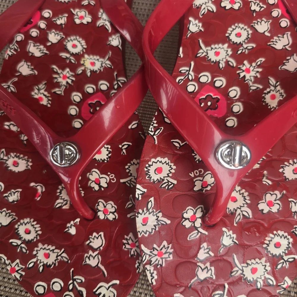 Coach Red Floral Rubber Flip Flops - Picture 6 of 7